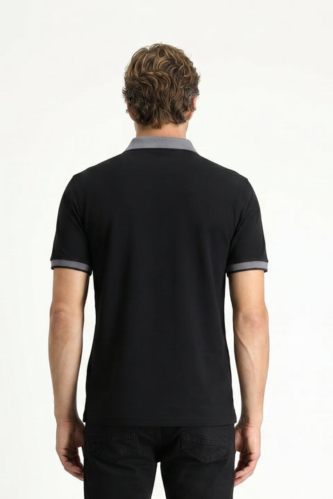 Black Polo Collar Regular Fit Patterned Cotton T-shirt