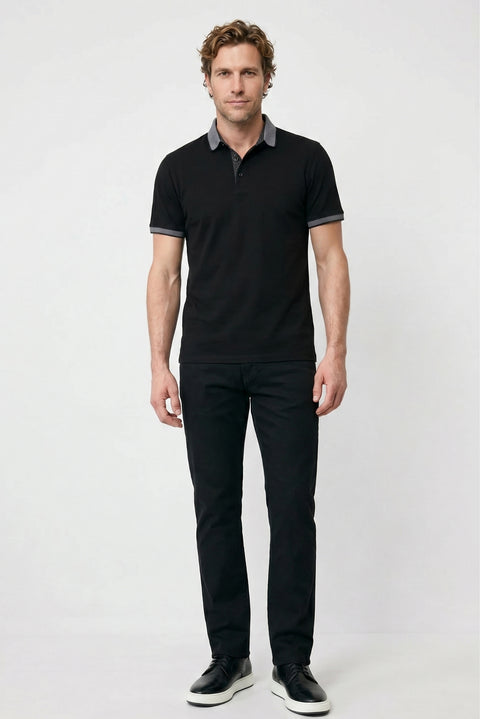 Black Polo Collar Regular Fit Patterned Cotton T-shirt