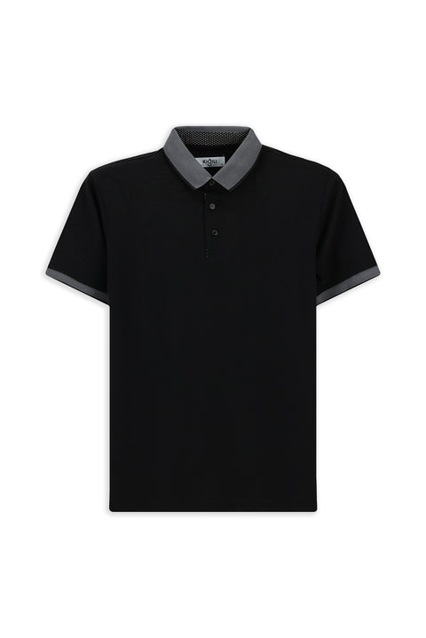 Black Polo Collar Regular Fit Patterned Cotton T-shirt