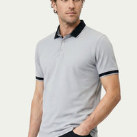 Medium Grey Polo Collar Regular Fit Patterned Cotton T-shirt
