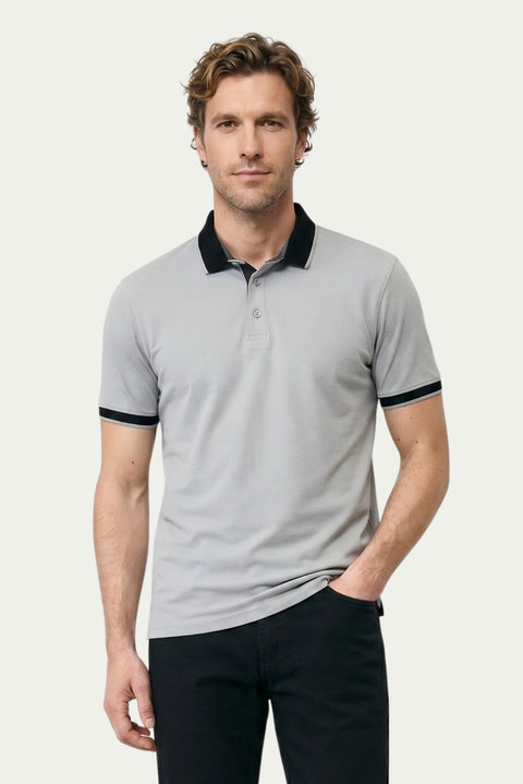 Medium Grey Polo Collar Regular Fit Patterned Cotton T-shirt