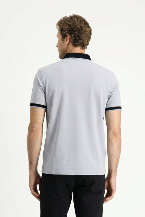 Medium Grey Polo Collar Regular Fit Patterned Cotton T-shirt