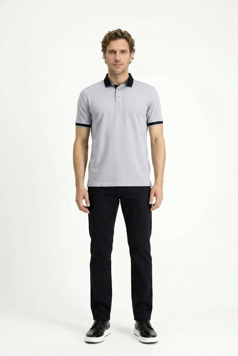 Medium Grey Polo Collar Regular Fit Patterned Cotton T-shirt