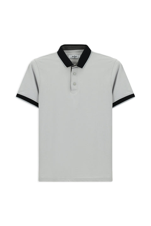 Medium Grey Polo Collar Regular Fit Patterned Cotton T-shirt