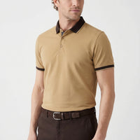 Orta Bej Polo Yaka Regular Fit Desenli Pamuklu Tişört