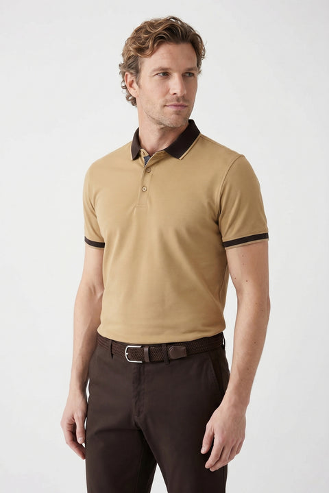 Orta Bej Polo Yaka Regular Fit Desenli Pamuklu Tişört