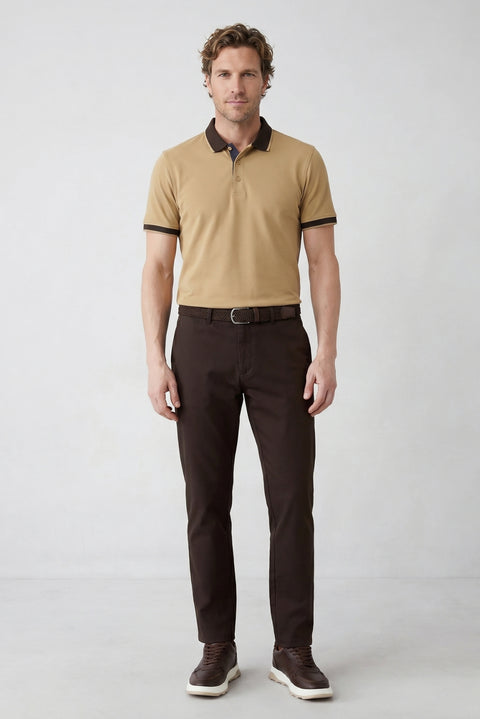 Orta Bej Polo Yaka Regular Fit Desenli Pamuklu Tişört