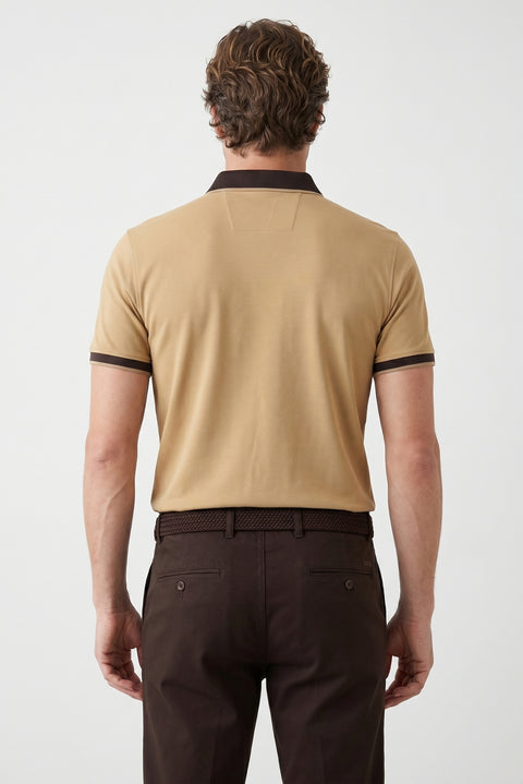Orta Bej Polo Yaka Regular Fit Desenli Pamuklu Tişört