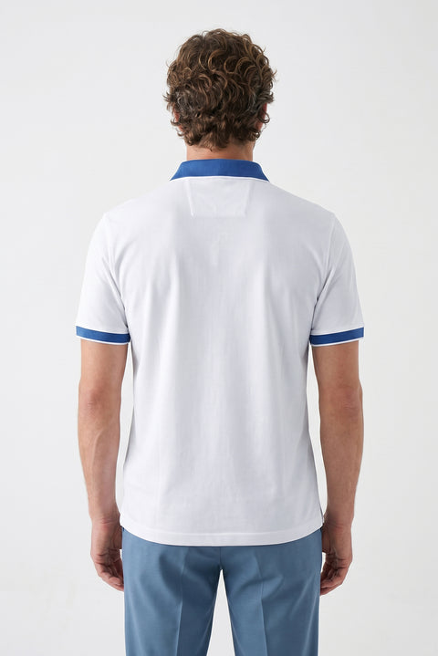 White Polo Collar Regular Fit Patterned Cotton T-shirt