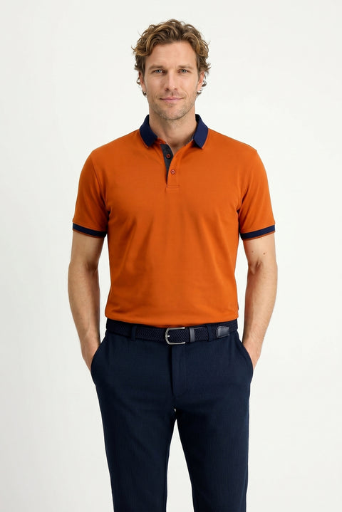 Terracotta Polo Collar Regular Fit Patterned Cotton T-shirt