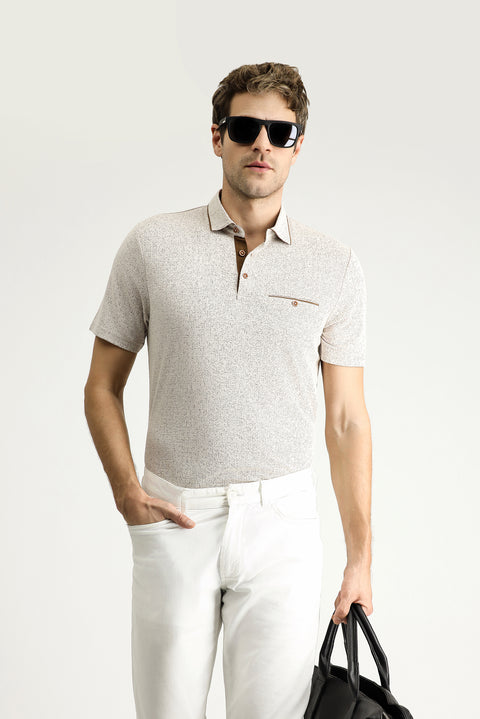 Light Beige Polo Collar Regular Fit Patterned T-shirt