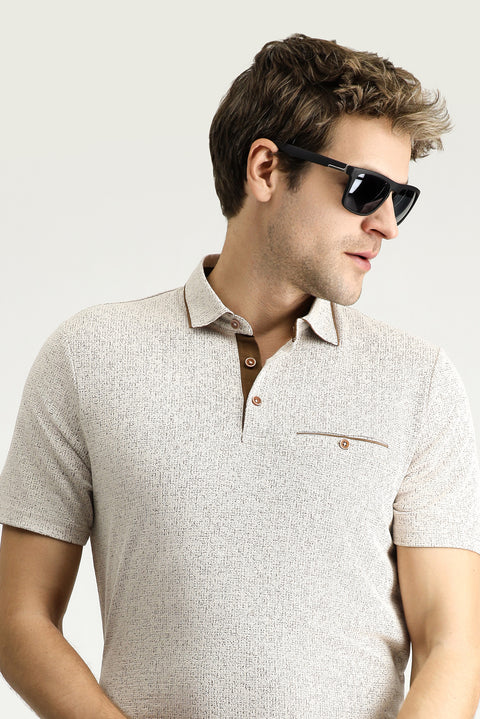 Light Beige Polo Collar Regular Fit Patterned T-shirt