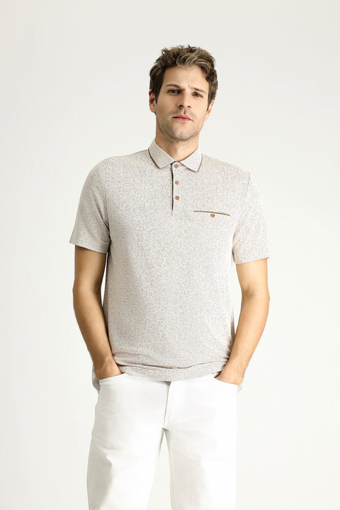 Light Beige Polo Collar Regular Fit Patterned T-shirt