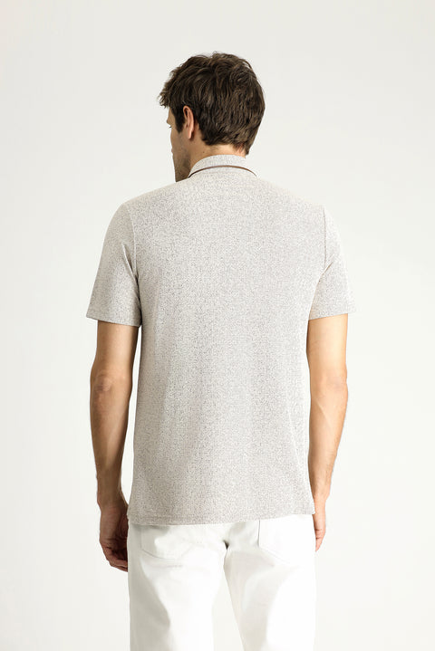 Light Beige Polo Collar Regular Fit Patterned T-shirt