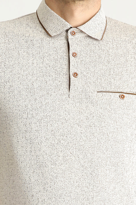 Light Beige Polo Collar Regular Fit Patterned T-shirt