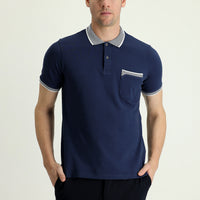 Black and Navy Blue Polo Collar Regular Fit Patterned Cotton T-shirt