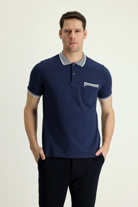 Black and Navy Blue Polo Collar Regular Fit Patterned Cotton T-shirt