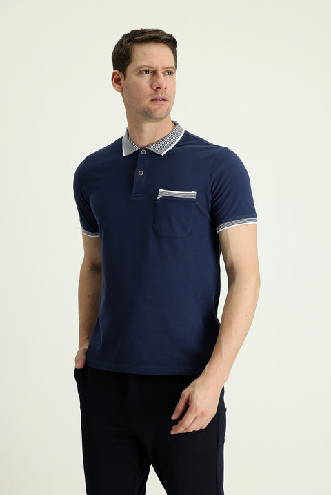 Black and Navy Blue Polo Collar Regular Fit Patterned Cotton T-shirt