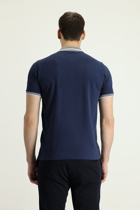 Black and Navy Blue Polo Collar Regular Fit Patterned Cotton T-shirt