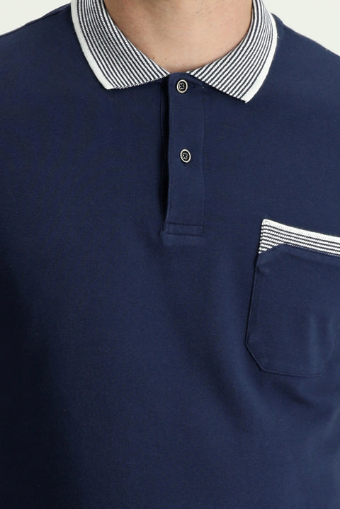 Black and Navy Blue Polo Collar Regular Fit Patterned Cotton T-shirt