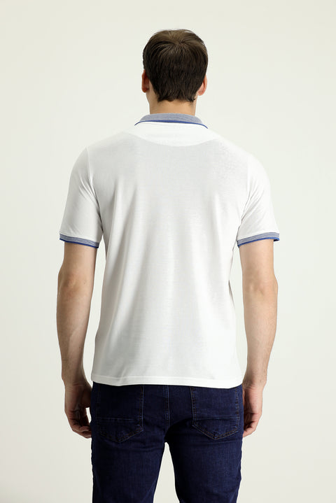 Off-White Polo Collar Regular Fit Patterned Cotton T-Shirt