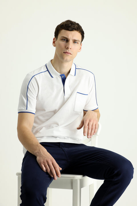 Off-White Polo Collar Regular Fit Patterned Cotton T-Shirt