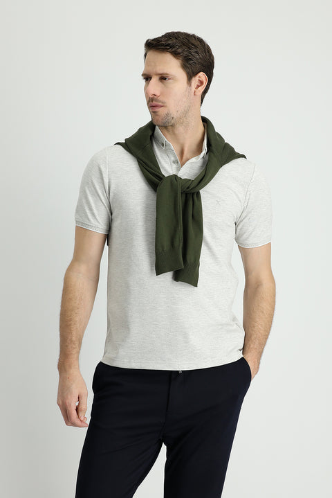 Light Grey Polo Collar Regular Fit Patterned Cotton T-shirt