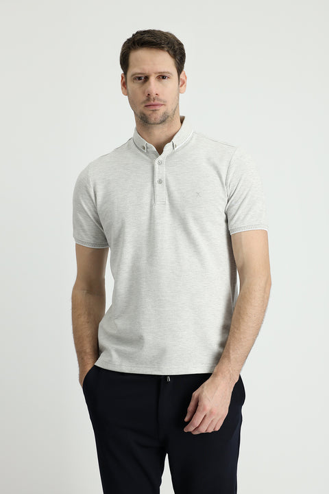 Light Grey Polo Collar Regular Fit Patterned Cotton T-shirt