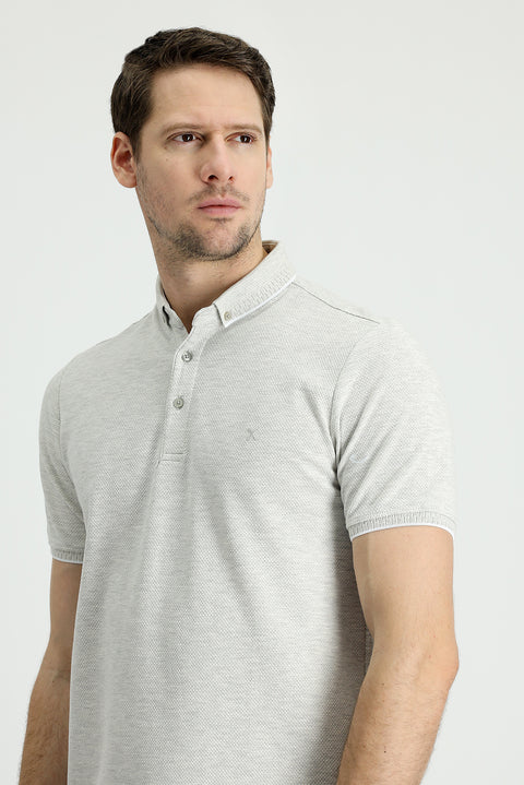 Light Grey Polo Collar Regular Fit Patterned Cotton T-shirt