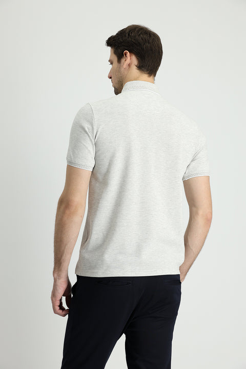 Light Grey Polo Collar Regular Fit Patterned Cotton T-shirt