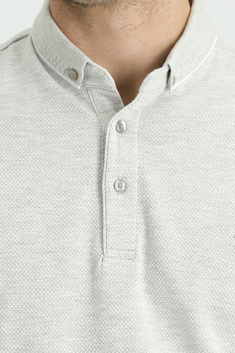 Light Grey Polo Collar Regular Fit Patterned Cotton T-shirt