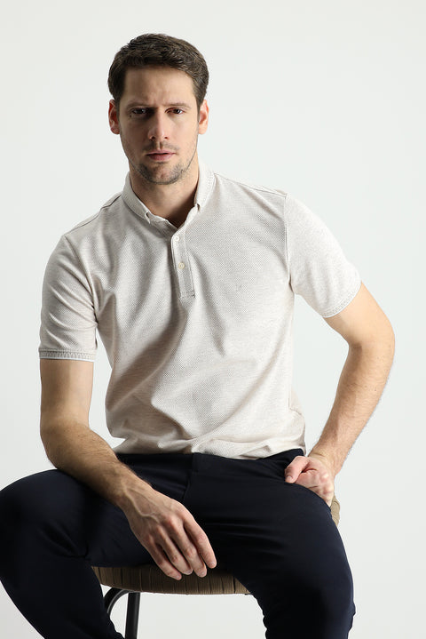 Medium Brown Polo Collar Regular Fit Patterned T-shirt