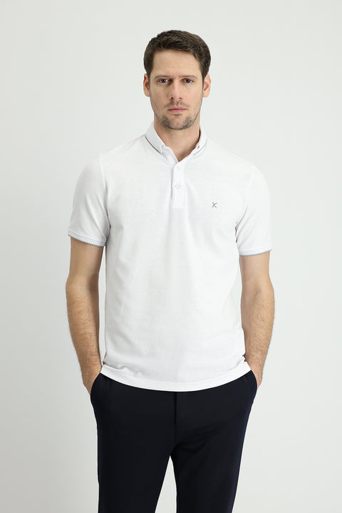 White Polo Collar Regular Fit Patterned T-shirt