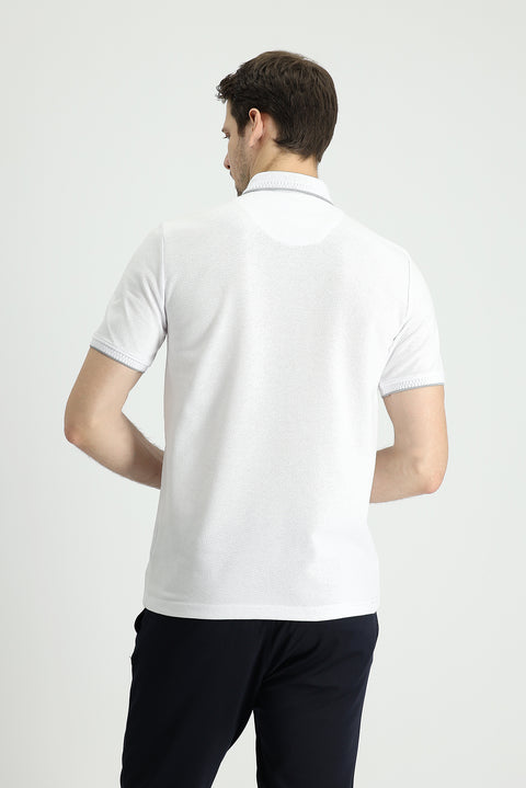 White Polo Collar Regular Fit Patterned T-shirt