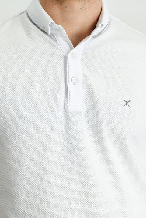 White Polo Collar Regular Fit Patterned T-shirt