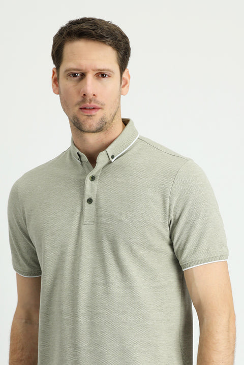 Medium Khaki Polo Collar Regular Fit Patterned T-shirt