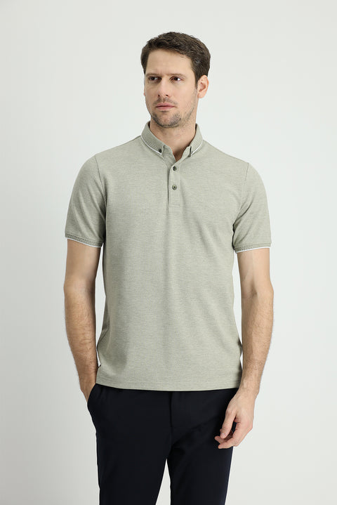 Medium Khaki Polo Collar Regular Fit Patterned T-shirt