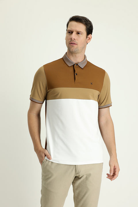 Dark Mink Polo Collar Regular Fit Patterned Cotton T-shirt
