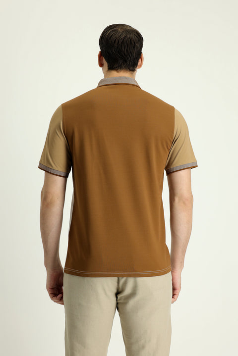 Dark Mink Polo Collar Regular Fit Patterned Cotton T-shirt