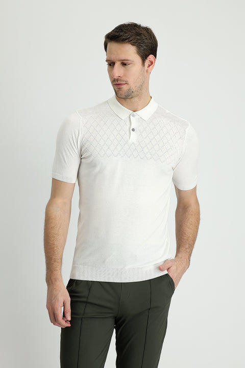 Off-White Regular Fit Patterned Cotton Polo T-Shirt