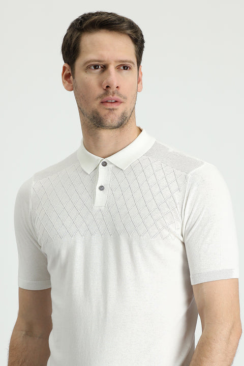 Off-White Regular Fit Patterned Cotton Polo T-Shirt