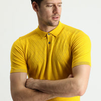 Mustard Polo Neck Regular Fit Patterned Cotton T-Shirt