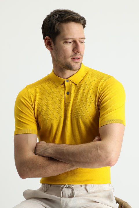 Mustard Polo Neck Regular Fit Patterned Cotton T-Shirt