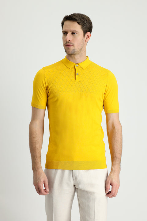 Mustard Polo Neck Regular Fit Patterned Cotton T-Shirt