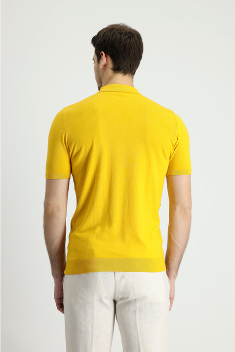 Mustard Polo Neck Regular Fit Patterned Cotton T-Shirt