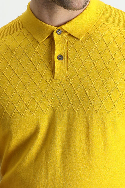 Mustard Polo Neck Regular Fit Patterned Cotton T-Shirt