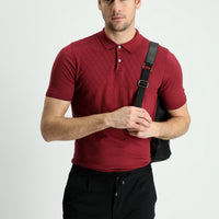 Wine Burgundy Polo Collar Regular Fit Patterned T-shirt