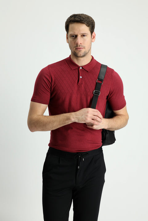 Wine Burgundy Polo Collar Regular Fit Patterned T-shirt