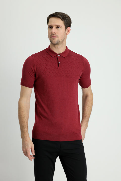 Wine Burgundy Polo Collar Regular Fit Patterned T-shirt