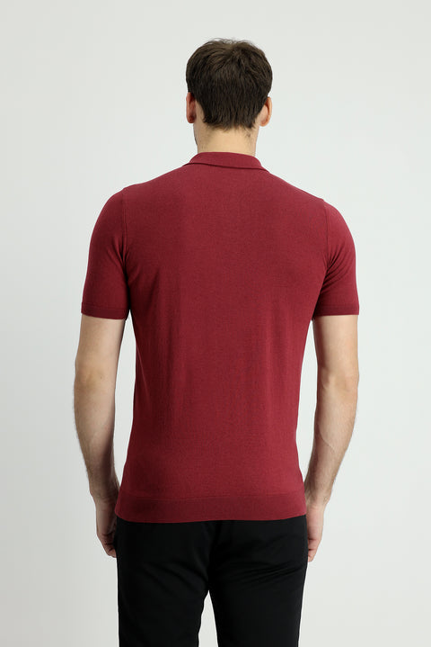 Wine Burgundy Polo Collar Regular Fit Patterned T-shirt